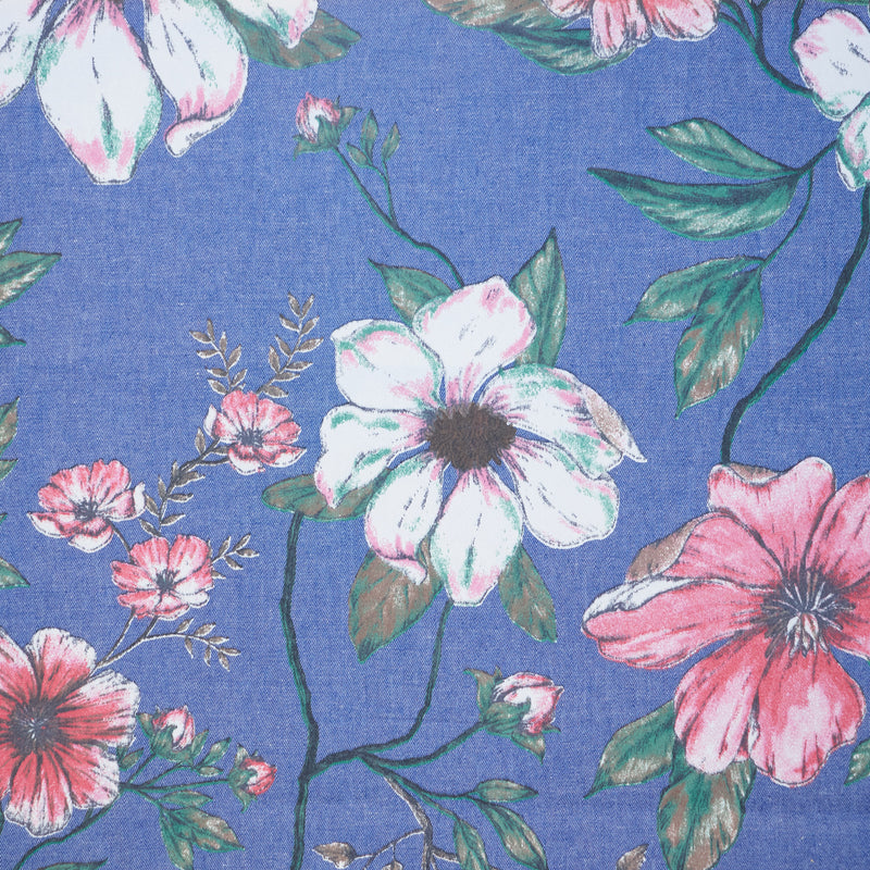 Large White & Pink Floral Printed Denim Chambray Fabric