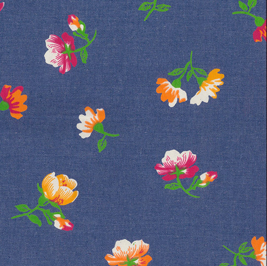 bright floral printed denim chambray fabric