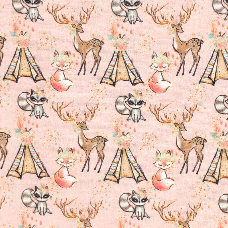 Pretty pink woodland animals, deer, teepees, raccoons, foxes