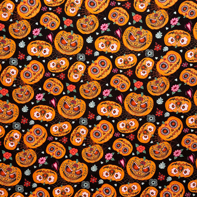 Day of the dead pumpkins fabric for halloween, 100% cotton fabric by Chatham Glyn swatch