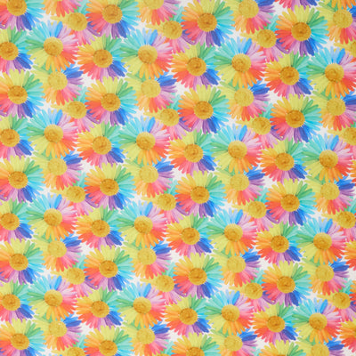 Swatch of retro rainbow daisy 100% cotton fabric by Chatham Glyn