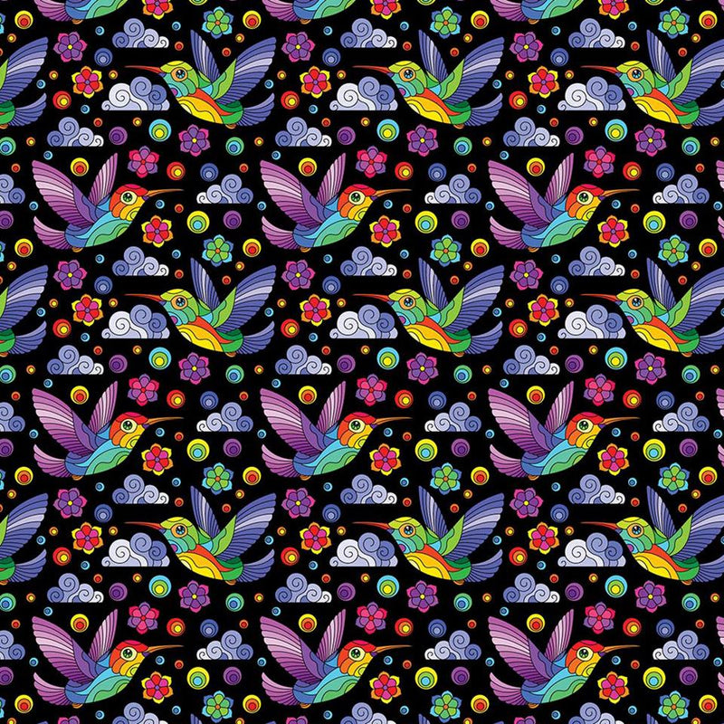 Swatch of rainbow mosaic humming bird 100% cotton fabric by Chatham Glyn