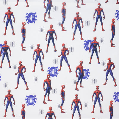 Swatch of Marvel Avengers Spiderman fabric 100% cotton by Chatham Glyn in white