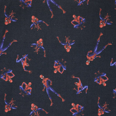 Swatch of Marvel Avengers Spiderman 100% cotton fabric by Chatham Glyn in black