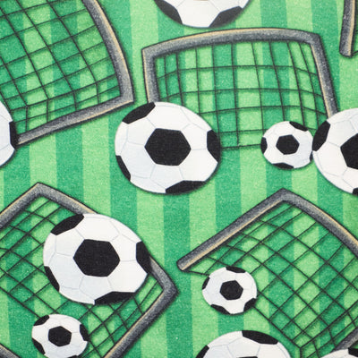 Swatch of green Children's football fabric jersey by Chatham Glyn with footballs and goals
