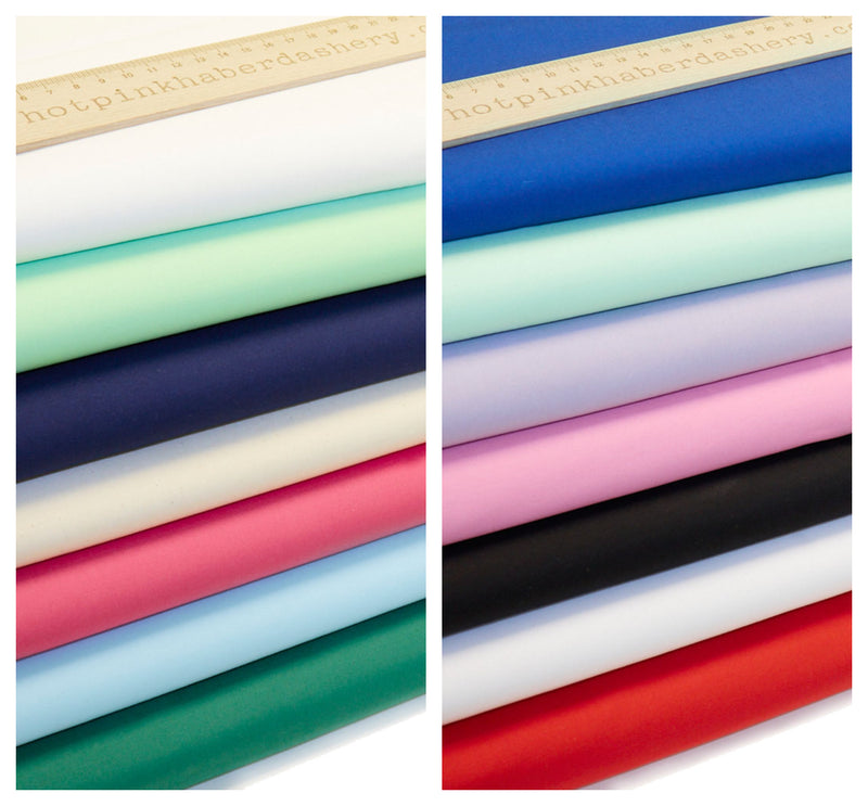 Plain 100% cotton poplin fabric by Rose and Hubble in 26 beautiful colours