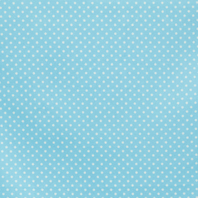 Swatch of pretty polka dot print 100% cotton poplin fabric by Rose and Hubble in aqua blue