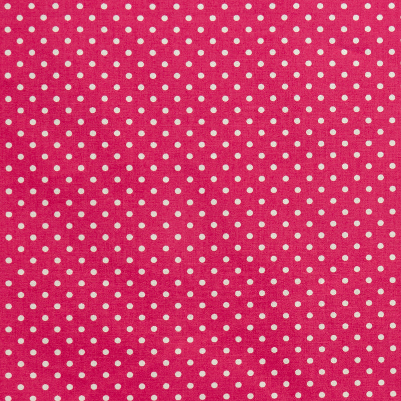 Swatch of pretty polka dot print 100% cotton poplin fabric by Rose and Hubble in cerise pink