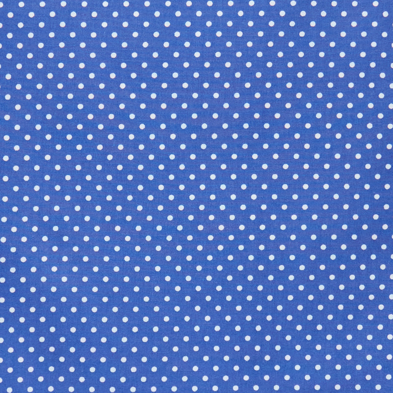 Swatch of pretty polka dot print 100% cotton poplin fabric by Rose and Hubble in copen blue
