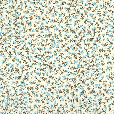 Swatch of Ditsy floral fabric 100% cotton poplin fabric by Rose and Hubble in pale blue