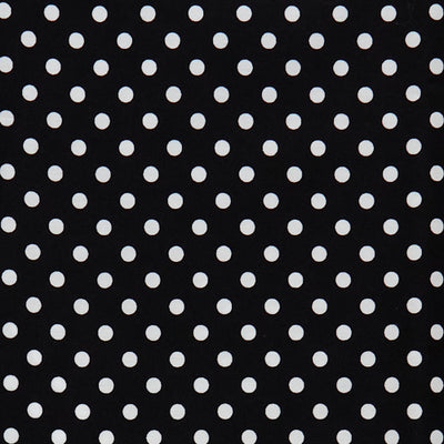 Swatch of 50's retro, vintage colourful spots on 100% cotton poplin fabric by Rose and Hubble on black
