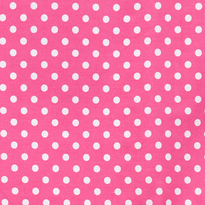 Swatch of 50's retro, vintage colourful spots on 100% cotton poplin fabric by Rose and Hubble on candy pink