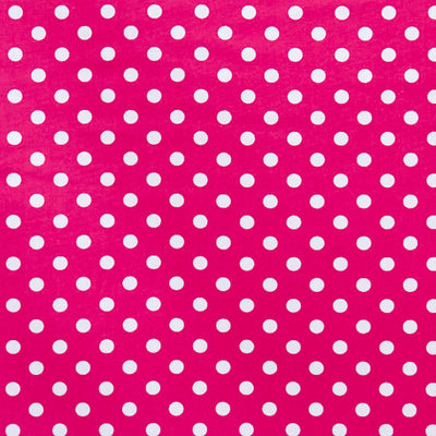 Swatch of 50's retro, vintage colourful spots on 100% cotton poplin fabric by Rose and Hubble on cerise pink