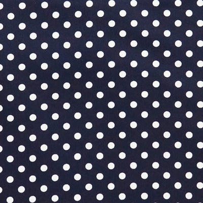 Swatch of 50's retro, vintage colourful spots on 100% cotton poplin fabric by Rose and Hubble on navy