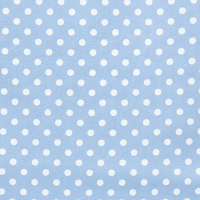 Swatch of 50's retro, vintage colourful spots on 100% cotton poplin fabric by Rose and Hubble on pale blue