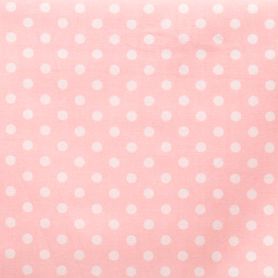 Swatch of 50's retro, vintage colourful spots on 100% cotton poplin fabric by Rose and Hubble on pale pink