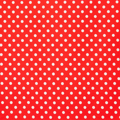 Swatch of 50's retro, vintage colourful spots on 100% cotton poplin fabric by Rose and Hubble on red