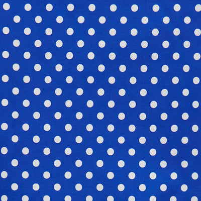 Swatch of 50's retro, vintage colourful spots on 100% cotton poplin fabric by Rose and Hubble on royal blue 
