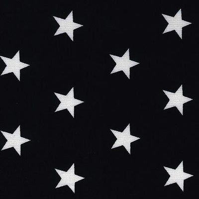 Swatch of brilliant, bold star printed 100% cotton poplin fabric by Rose and Hubble in black