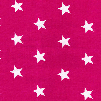 Swatch of brilliant, bold star printed 100% cotton poplin fabric by Rose and Hubble in cerise pink