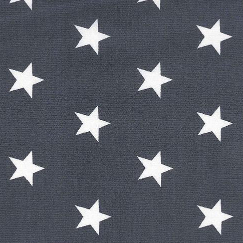 Swatch of brilliant, bold star printed 100% cotton poplin fabric by Rose and Hubble in dark grey
