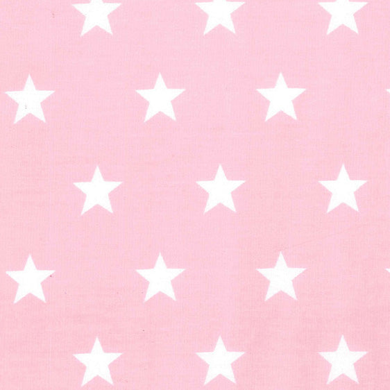 Swatch of brilliant, bold star printed 100% cotton poplin fabric by Rose and Hubble in pale pink