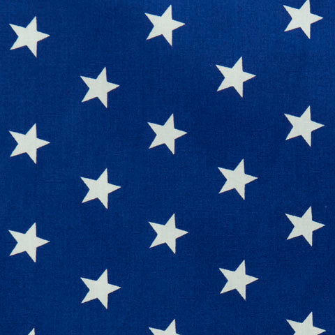 Swatch of brilliant, bold star printed 100% cotton poplin fabric by Rose and Hubble in royal blue