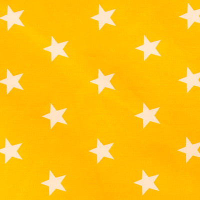 Swatch of brilliant, bold star printed 100% cotton poplin fabric by Rose and Hubble in yellow