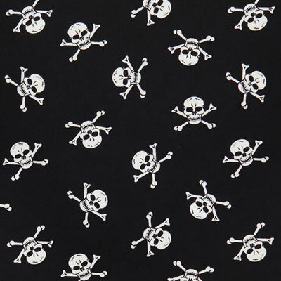 Swatch of pirate skull and crossbones playful printed 100% cotton poplin fabric by Rose and Hubble in black and white