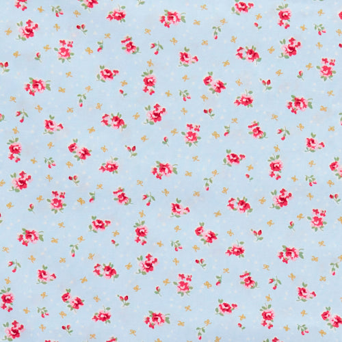 Swatch of vintage-style roses & bows print, dotted with tiny confetti hearts in 100% cotton poplin fabric by Rose and Hubble in blue.