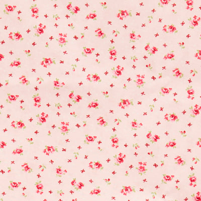 Swatch of vintage-style roses & bows print, dotted with tiny confetti hearts in 100% cotton poplin fabric by Rose and Hubble in pink