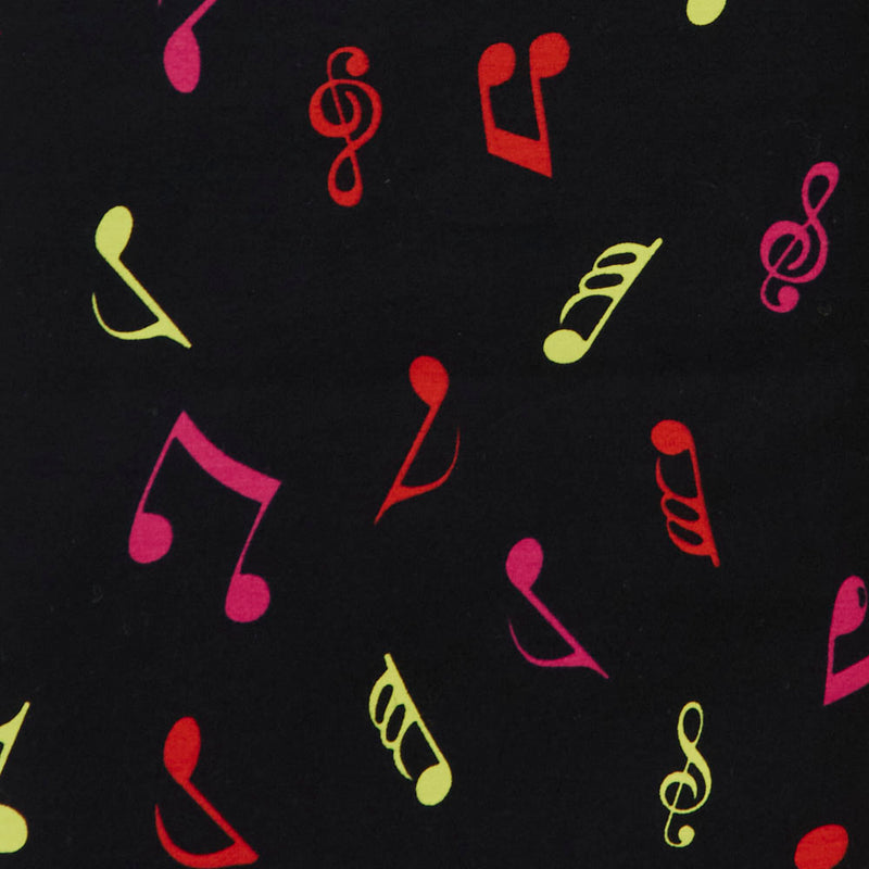 Swatch of colourful, bold and retro musical note print 100% cotton poplin fabric by Rose and Hubble with clefts and quavers in black and multicoloured
