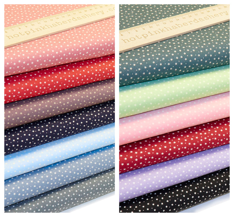 Elegant stars and tiny dots print 100% cotton poplin fabric by Rose and Hubble in Black, Navy, Red, Scarlett, Pink, Baby Pink, Green, Pistachio, Powder Blue, Pale Blue, Lavender, Lilac & Dark Grey