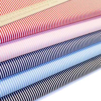 Cute candy striped 100% cotton poplin fabric by Rose and Hubble in Black, Navy, Pale Blue, Pink & Red
