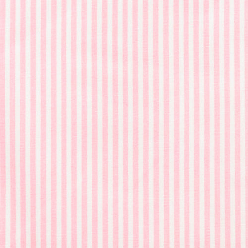 Swatch of cute candy striped 100% cotton poplin fabric by Rose and Hubble in pale pink