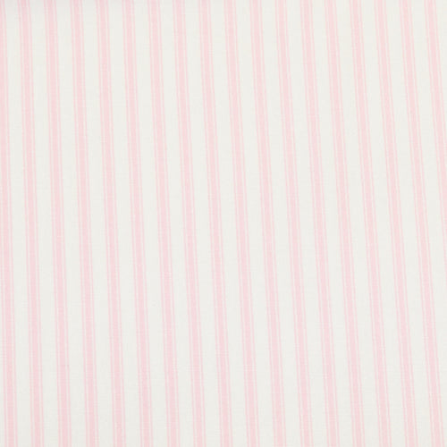 Swatch of elegant ticking stripes on a cream base iin 100% cotton poplin fabric by Rose and Hubble in pink