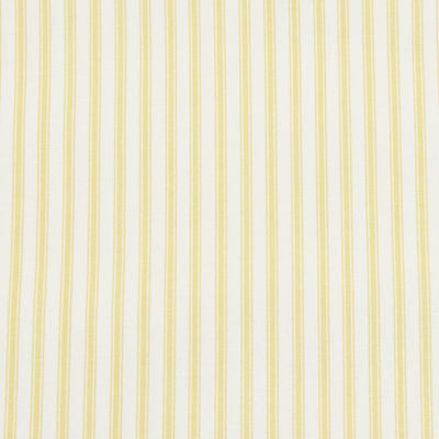 Swatch of elegant ticking stripes on a cream base iin 100% cotton poplin fabric by Rose and Hubble in yellow