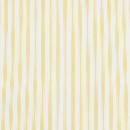 Swatch of elegant ticking stripes on a cream base iin 100% cotton poplin fabric by Rose and Hubble in yellow
