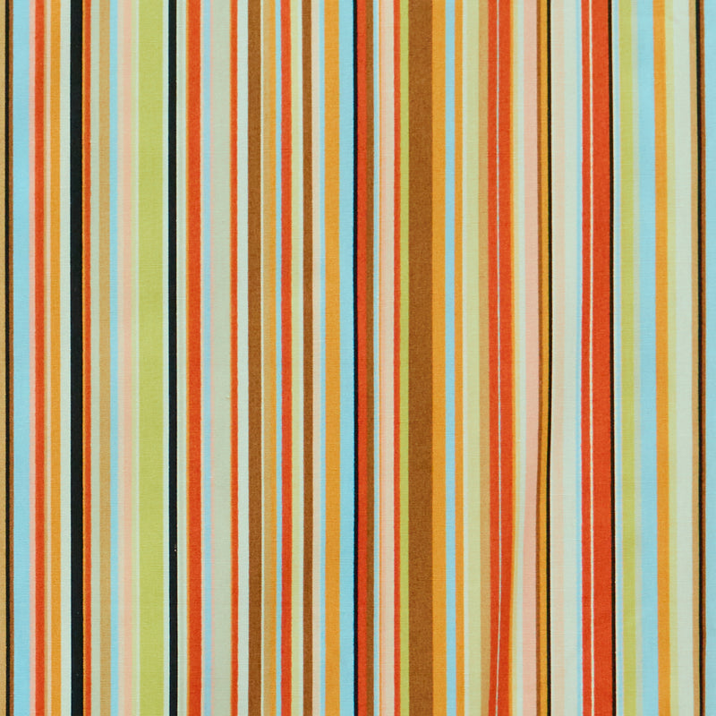 Swatch of retro style, unique and multi coloured striped 100% cotton poplin fabric by Rose and Hubble in Browns