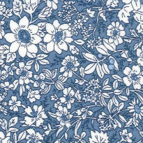 Swatch of secret garden floral print with white wild flowers and leaves 100% cotton poplin Rose and Hubble fabric in Delph Blue