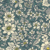 Swatch of secret garden floral print with white wild flowers and leaves 100% cotton poplin Rose and Hubble fabric in Dresden blue.