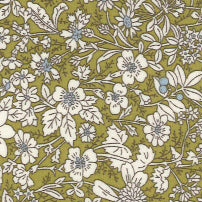 Swatch of secret garden floral print with white wild flowers and leaves 100% cotton poplin Rose and Hubble fabric in Green