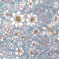 Swatch of secret garden floral print with white wild flowers and leaves 100% cotton poplin Rose and Hubble fabric in Sky Blue