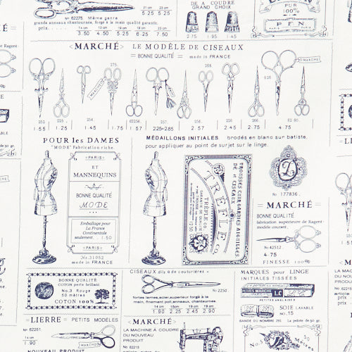Swatch of vintage-style classic French haberdashery print with scissors, thimbles, mannequins & antique sewing machines on 100% cotton poplin fabric by Rose and Hubble in navy blue and ivory