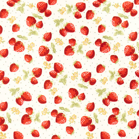 Swatch of wild strawberry print mixed with flowers & pin dots on 100% cotton poplin fabric by Rose and Hubble in ivory 