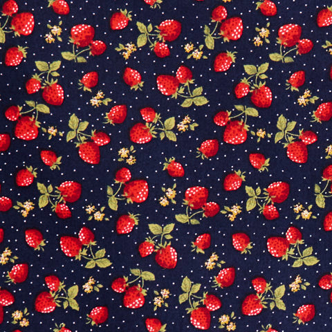 Swatch of wild strawberry print mixed with flowers & pin dots on 100% cotton poplin fabric by Rose and Hubble in navy blue 