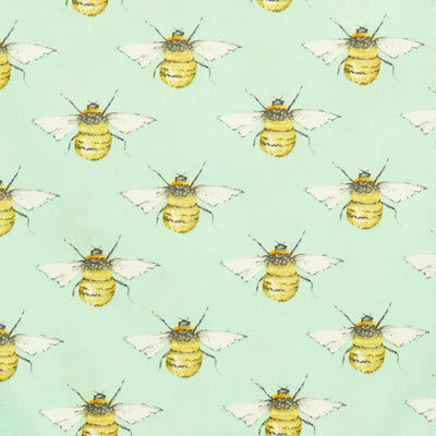 Swatch of detailed bumble bee printed 100% cotton poplin fabric by Rose and Hubble in Meadow green