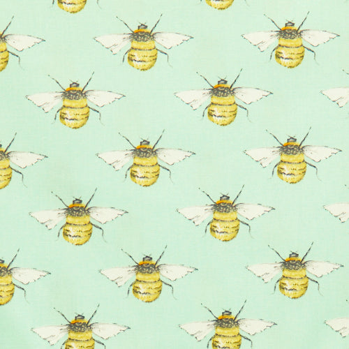 Swatch of detailed bumble bee printed 100% cotton poplin fabric by Rose and Hubble in Meadow green