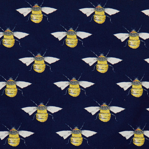 Swatch of detailed bumble bee printed 100% cotton poplin fabric by Rose and Hubble in Navy blue