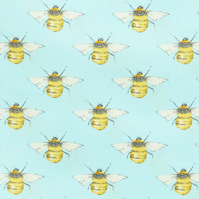 Swatch of detailed bumble bee printed 100% cotton poplin fabric by Rose and Hubble in Sky Blue